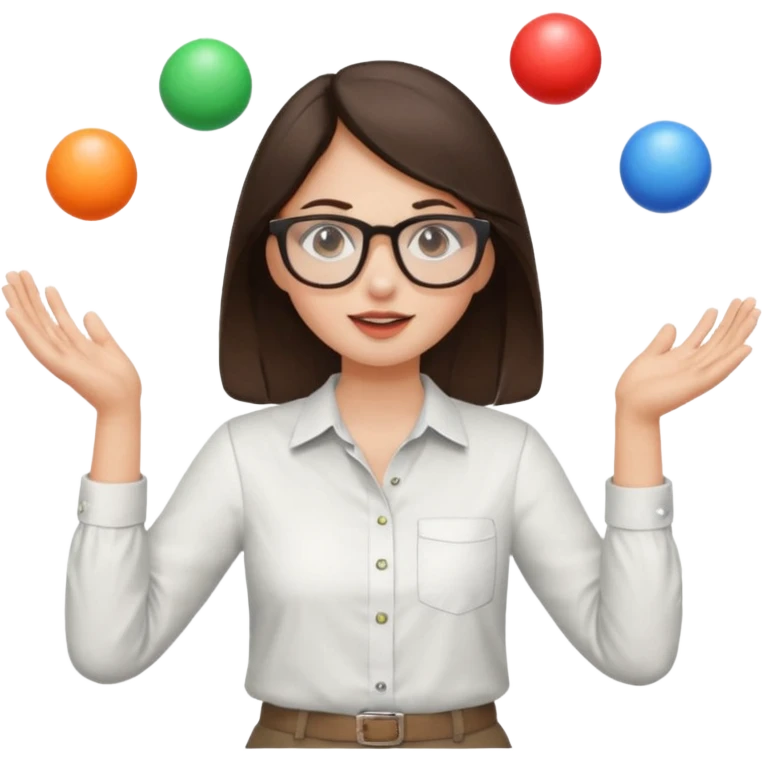 a brunette girl in a shirt and glasses  juggling  with two hands  emoji