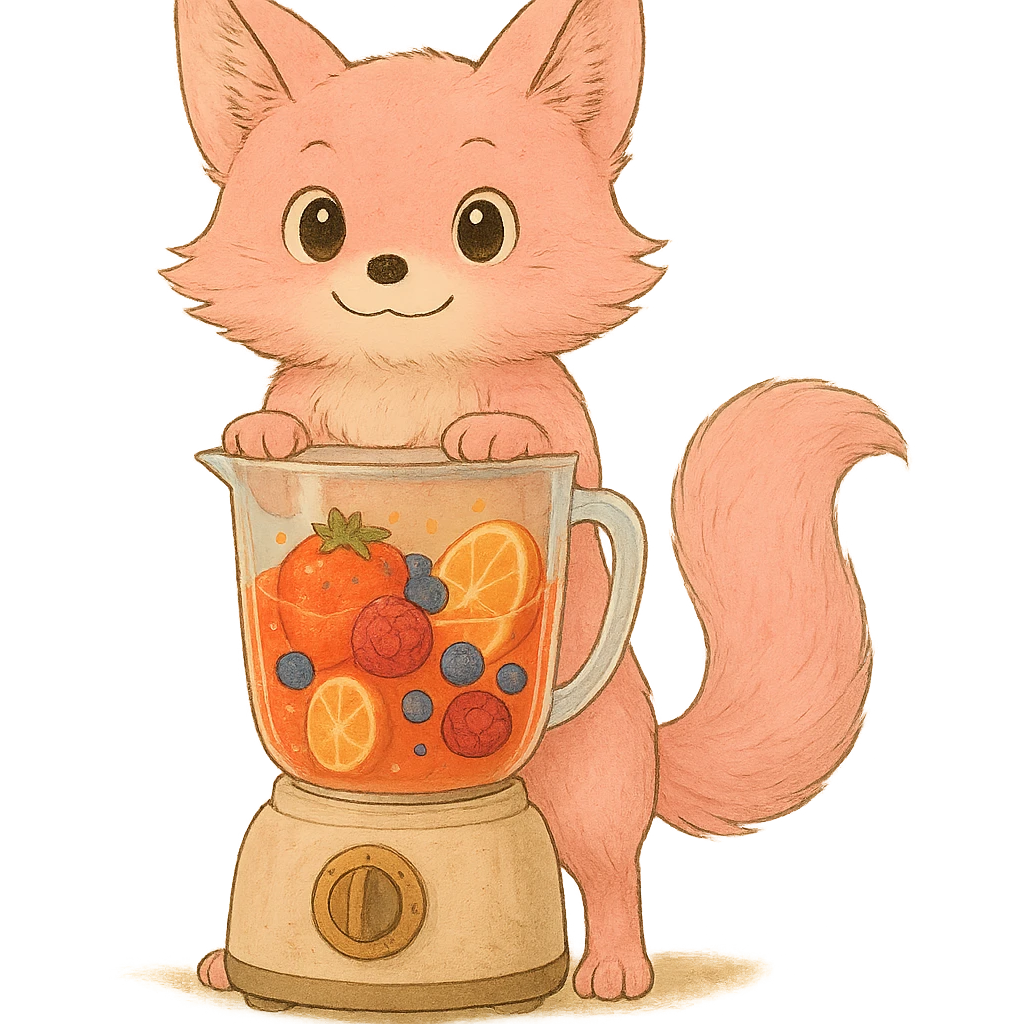 Expand and regenerate the image as a fully visible, full-body Ghibli-style pastel pink blender fox. Show the entire fox from head to toe, including all four paws, the full blender base, and tail clearly visible. Maintain a high-quality, detailed, joyful look with a transparent body filled with vibrant fruity smoothie, sparkling expressive eyes, and a sweet, joyful expression. Transparent background. emoji