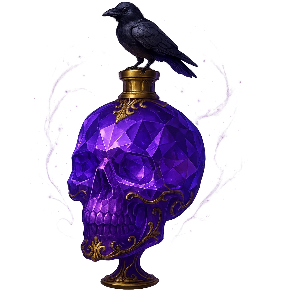 very luxurious, crystal, skull-shaped elixir bottle, violet, lots of glowing, facets, ornaments, golden details, magical effects, very small golden neck, transparent background, beautiful connected base, clearly floating in the air, no base or shadow, small crow on top, premium class, matching the collection emoji