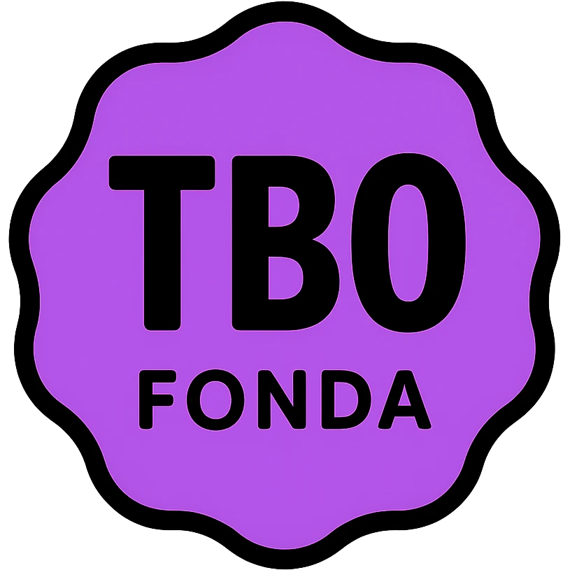 a purple badge with large bold text 'TBO' and small text 'FONDA', clean and bold design emoji