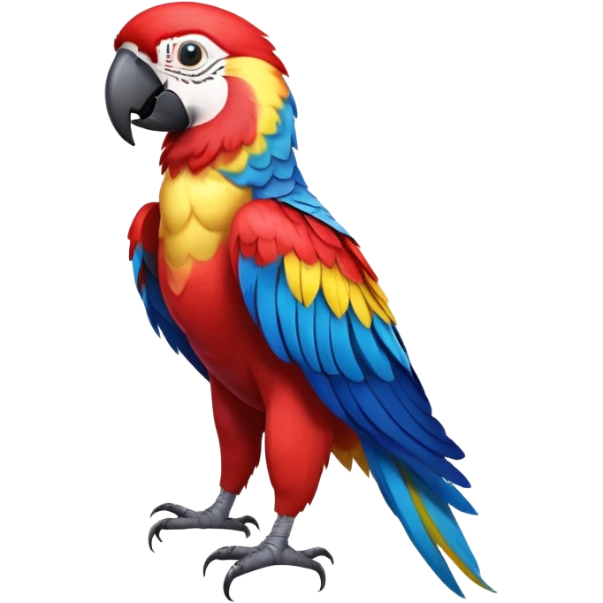 cinematic-macaw-realistic-full-body-standing-emoji,-vibrant-feathers-glowing-with-rich-reds,-blues,-and-yellows,-head-tilted-dramatically,-curved white-beak-gleaming,-piercing-dark-eyes-exuding-confidence,-simplified-yet-realistic-focused emoji
