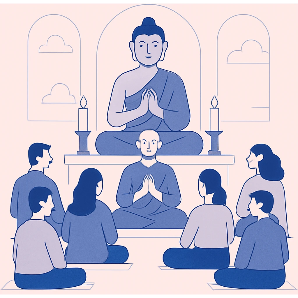 group meditating and praying in Buddhist temple interior emoji