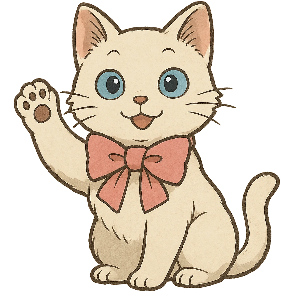 white cat with blue eyes very cute with a pink bow on his neck waving hello, ghibli style emoji