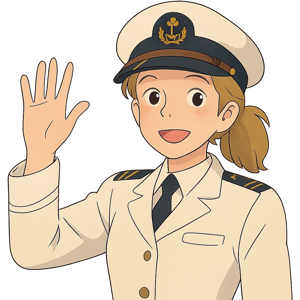 ghibli style cruise captain girl with dirty blonde ponytail, waving at the camera emoji