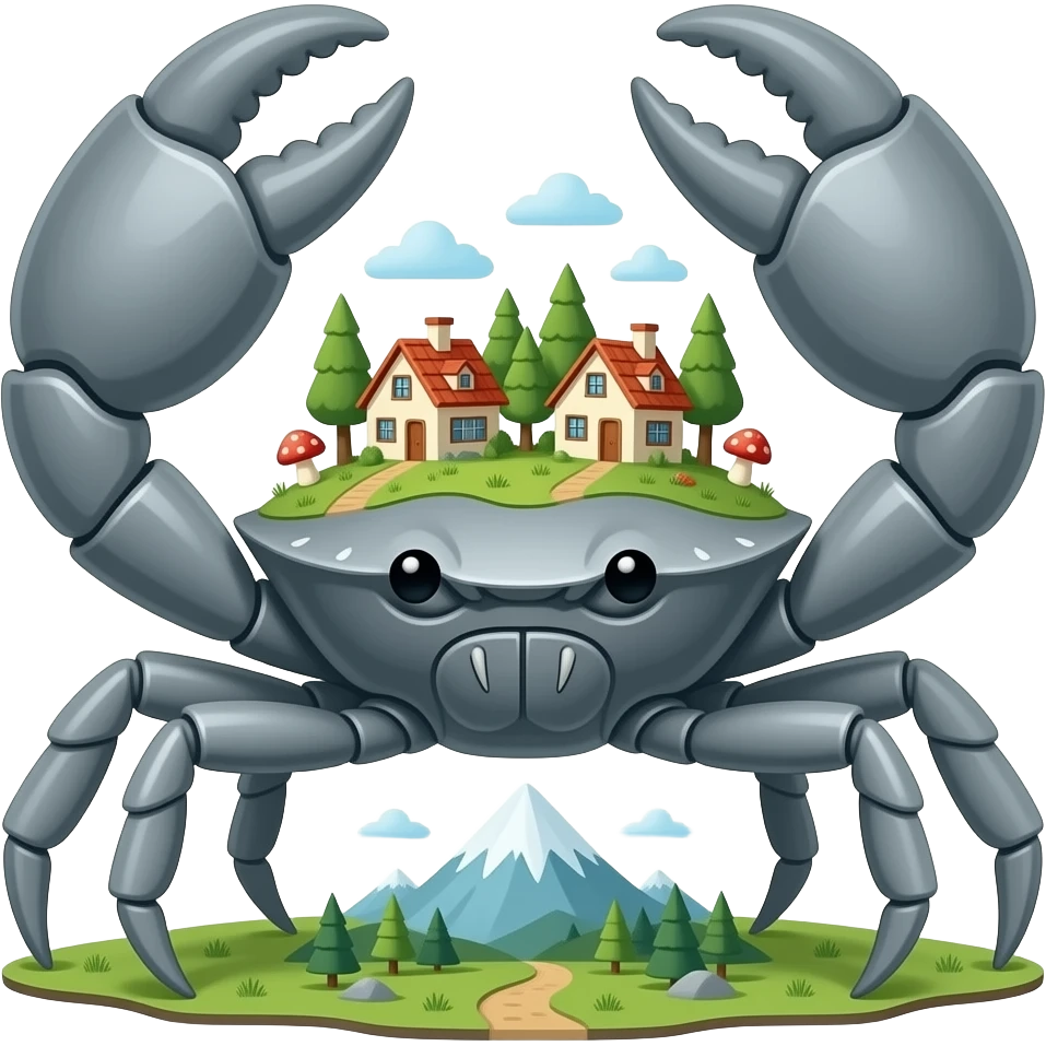 A Gray crab with houses on top of its  in trees on it and also with mushrooms on it  facing forward Giant by a mountain emoji