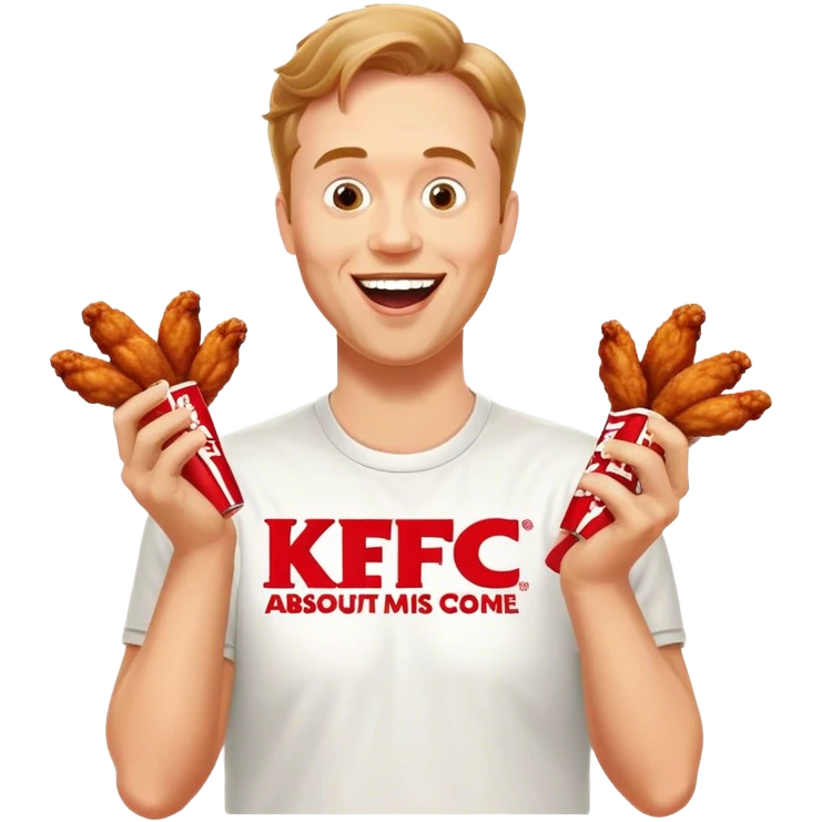 "Create an emoji of a white man holding KFC chicken wings with a happy and excited expression. Make sure to add the text 'KFC ABSOLUTE CINEMA ✋😮🤚' in large, bold letters, covering the entire screen and standing out clearly. This text must be included. Use a vibrant and expressive style." emoji