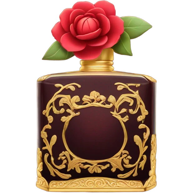 Dark red ornate perfume bottle with red camellias and golden accents emoji