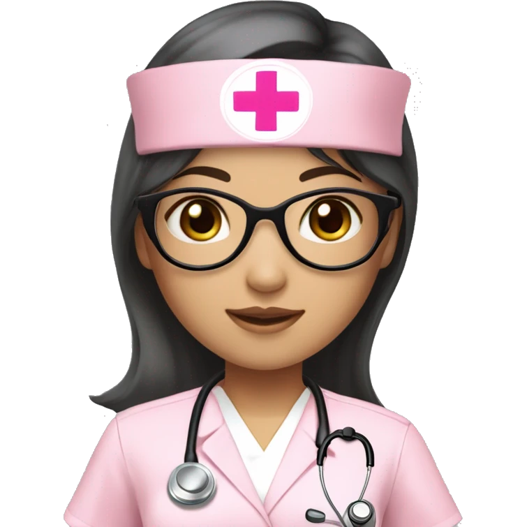 Asian girl (beige white skin tone) with circle silver glasses, hair bang and wavy long black hair , wearing a pink nurse uniform (scrub) with a stethoscope emoji