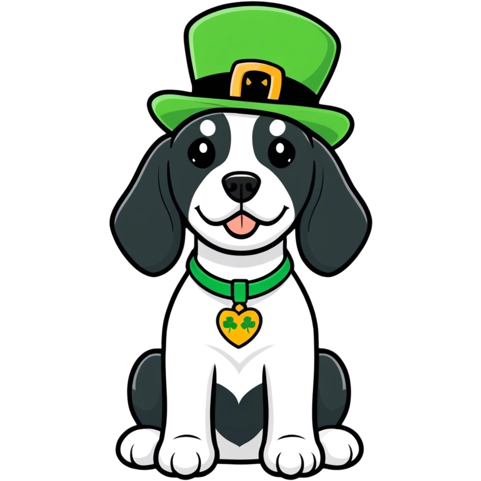 Black and white springer spaniel dog wearing a st Patrick’s day hat  emoji
