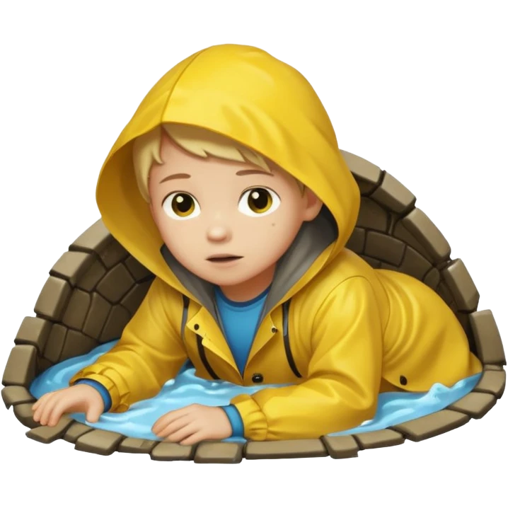 Enfant a caouet jaune coucher devant un égout et il pleut emoji