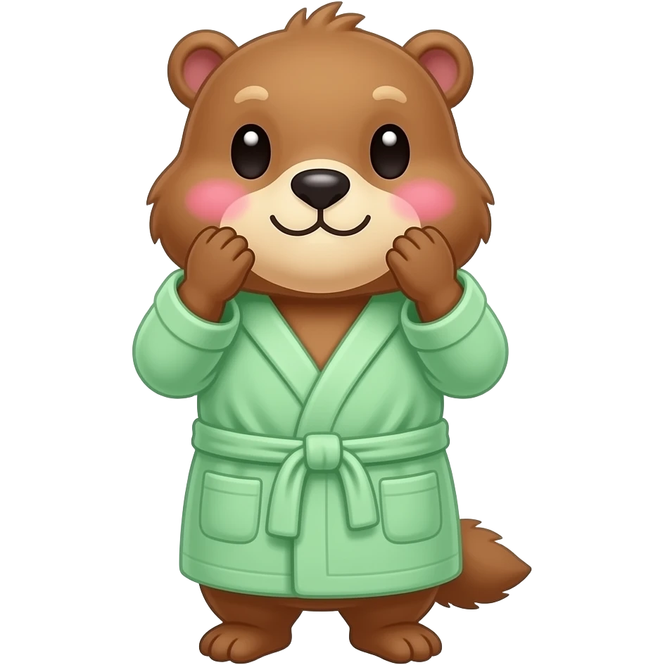 Marmot with hands around big cheeks with blush and wearinf light green bath robe emoji