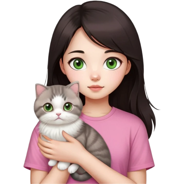 This Chinese girl's got fair skin and big black eyes. She's got long dark brown hair and she's wearing a pink t-shirt. She's holding a Scottish Fold cat. The cat's got light green eyeballs and white fur. emoji