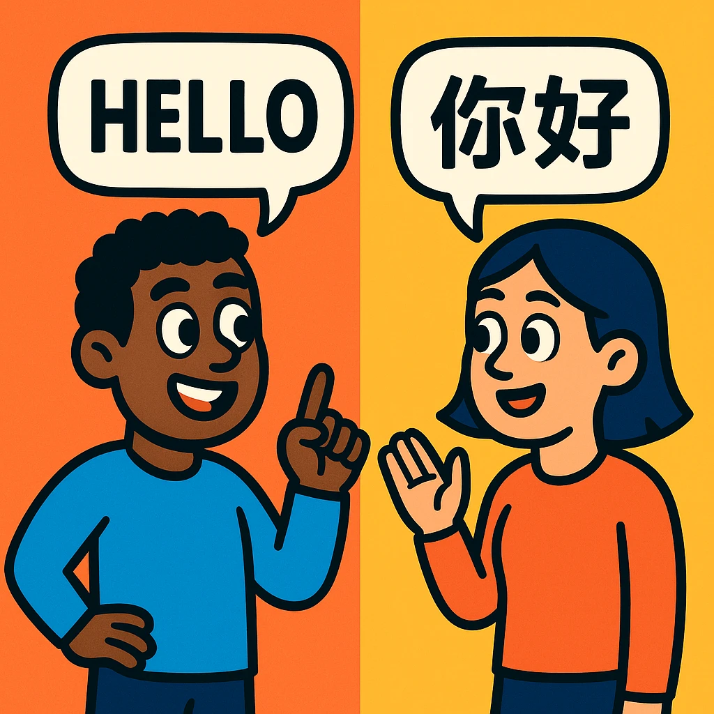 two cartoon people talking, one with English text, one with Chinese text in their speech bubbles emoji