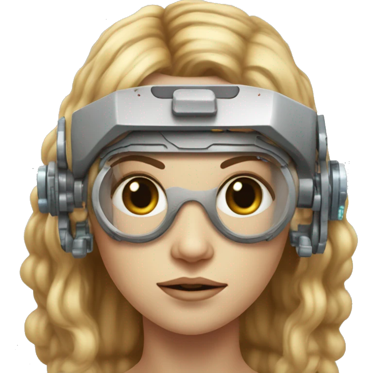 female cyborg head, fair skin, Brown long hair with blonde steaks, space age goggles and circuits emoji