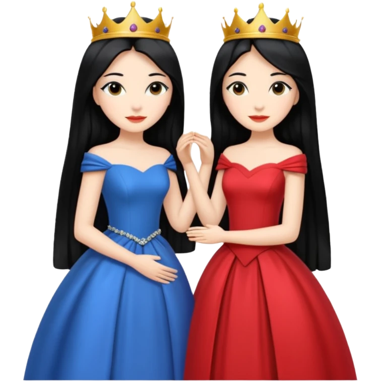 Two queens with long black hair hugging. emoji