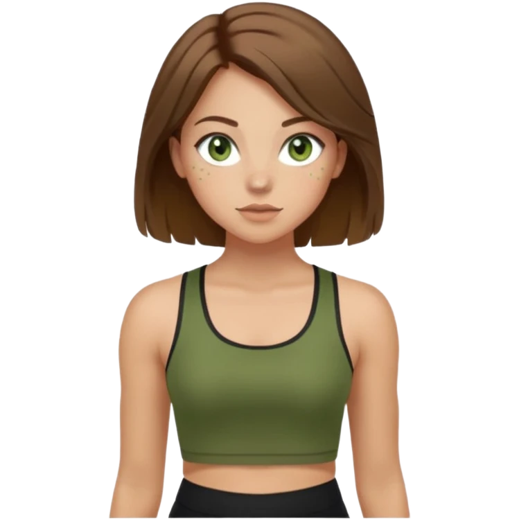 Girl with green eyes, brown hair shoulder length, light skin, and freckles wearing an olive green crop top with black leggings working out, she has light gorgeous lashes emoji