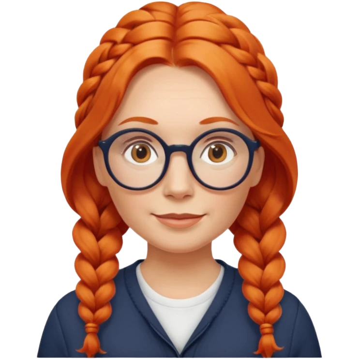 middle-aged Norwegian woman with long wavy orange-red hair styled as a single braid on one side, wearing large round glasses, friendly look emoji