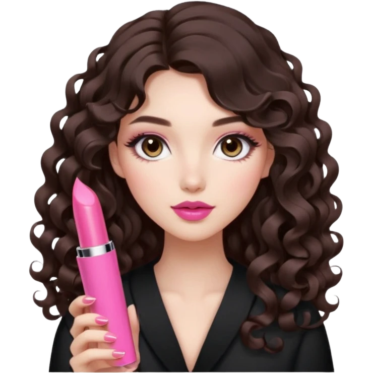 A girl with long dark brown hair styled in loose 36mm curls, beautiful round-almond eyes with long curled lashes in Douyin style. Her makeup is cool-tone neutral. She’s holding a pink lipstick similar to Rhode’s shade in one hand. emoji