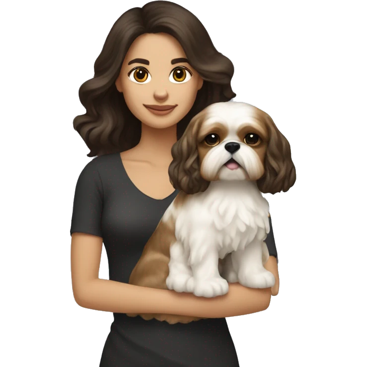 Young dark brunette medium kin hair woman with a golden shih tzu in her arms long wavy hair emoji