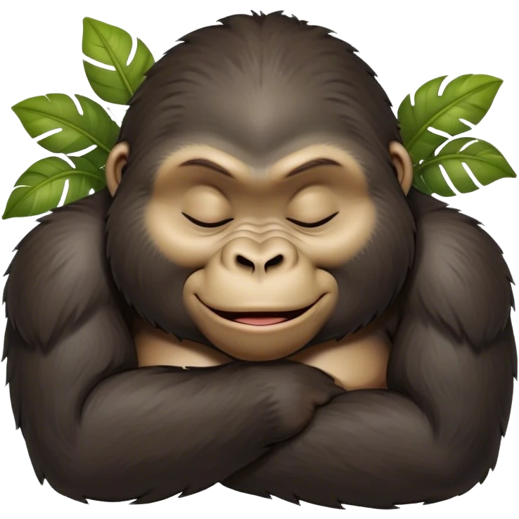 Meme-Worthy cute Sleeping Gorilla Portrait Emoji, Head resting peacefully with a contented smile, showcasing a luxuriant, thick Fur and eyes gently closed in serene slumber, Simplified yet hilariously adorable features, highly detailed, glowing with a soft, drowsy jungle light, high shine, relaxed and utterly lovable, stylized with an air of playful laziness, bright and heartwarming, soft glowing outline, capturing the essence of a sleeping gorilla that feels destined to become the next viral sensation of adorable rest! emoji