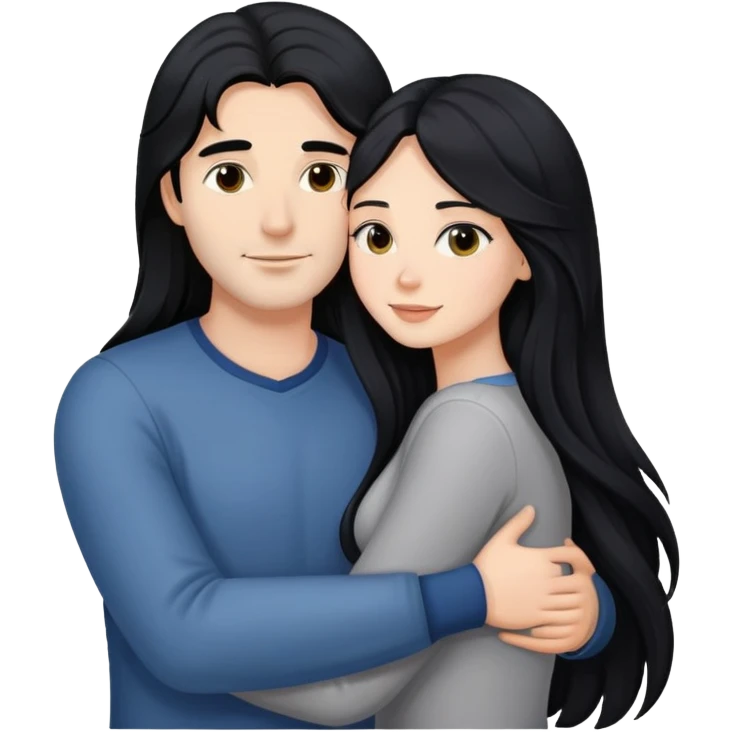 Beautiful woman with long straight black hair, hugging a man with long wavy black hair emoji