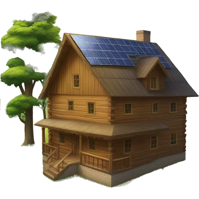 Very big Wood Cabin near tree, 5 stories tall solar, grass fields emoji