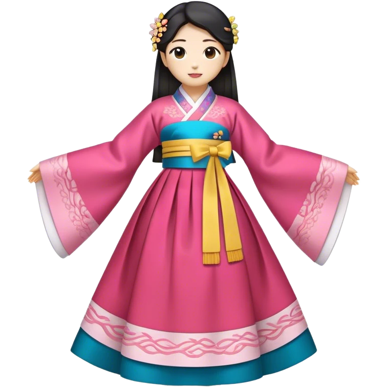 Cinematic Realistic Hanbok Emoji, depicted as a graceful intricately designed traditional Korean dress with vibrant colors and flowing lines, rendered with delicate textures and soft cultural lighting that captures its timeless elegance. emoji