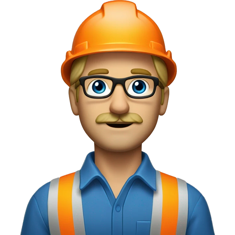 dirty blonde man, thin face, no beard but with mustache, blue/green eyes, glasses, wearing white hard hat that says ”gmc” in orange letters, orange safety vest, blue shirt emoji