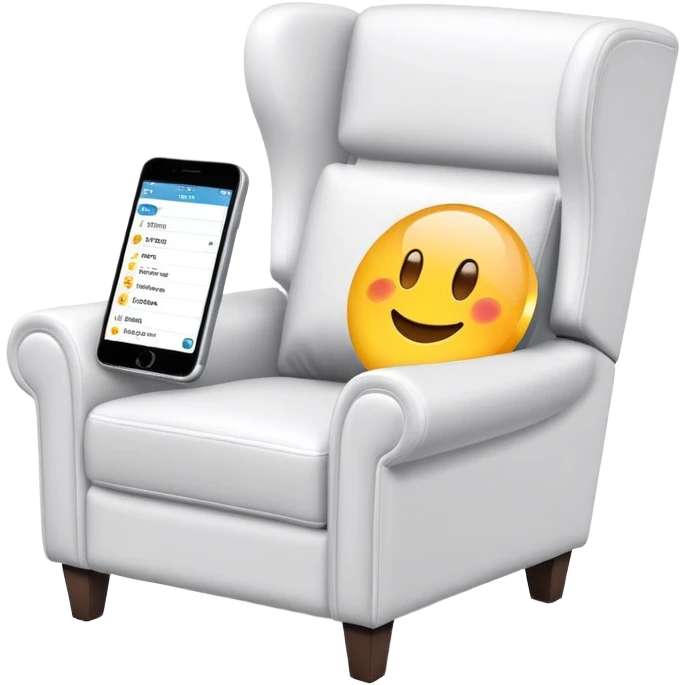 smartphone at an angle in foreground showing armchair product page on screen, with sparkle emoji sticking out on the left side emoji