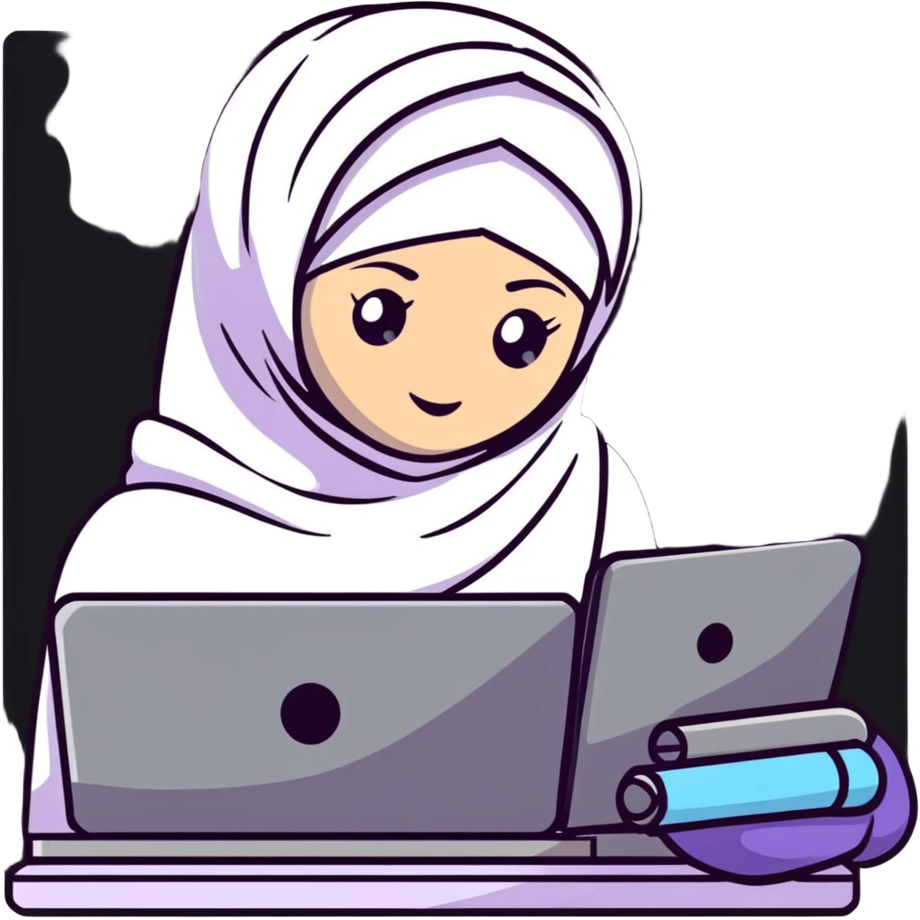 girl wearing hijab as computer science engineer working with metaverse digital world emoji