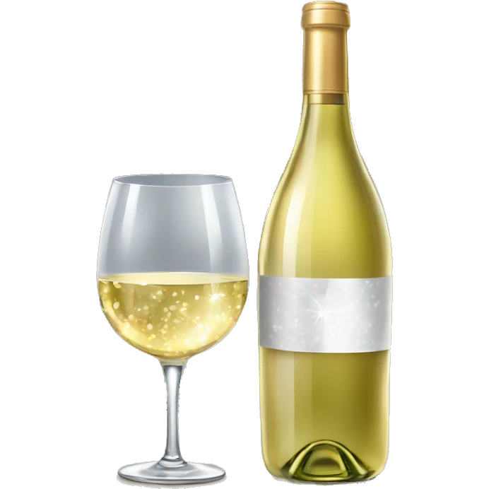 Realistic sparkling diamond glam bottle of Light white Wine and matching long stem wine glass. emoji