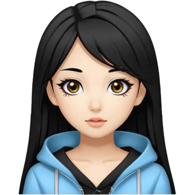 Hime gyaru girl, medium-long, straight black hair, black slanted eyes and thin black eyebrows, gyaru makeup, emoji