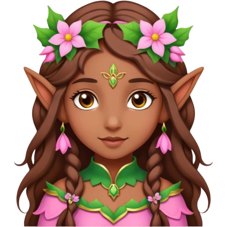 brown long haired girl elf in pink with a flower emoji