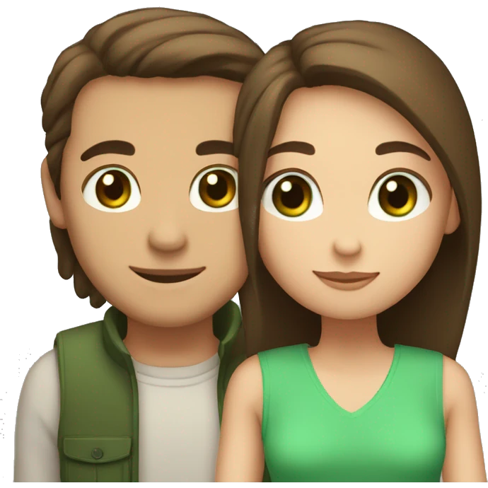 Guy and girl hugging The girl has shoulder-length straight hair and green eyes. The girl is as tall as a guy's chin Guy with short dark hair and brown eyes emoji