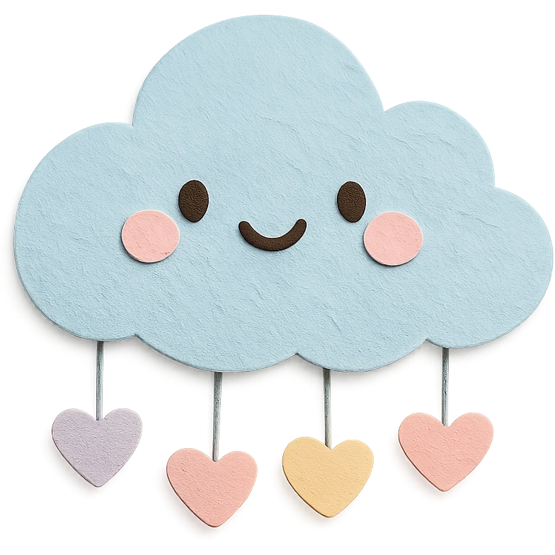 soft pastel puffy cloud holding tiny pastel hearts, no arms, no legs, full body, soft pastel kawaii paper craft style emoji
