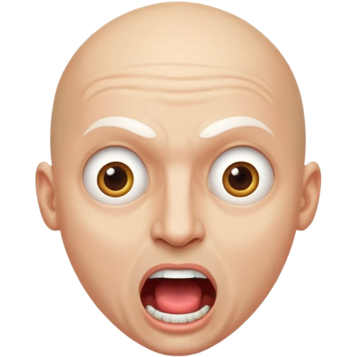 Cabaret portrait of a bald man with a whitened face and made-up eyes and mouth, a huge, wide-open mouth and a startled look emoji