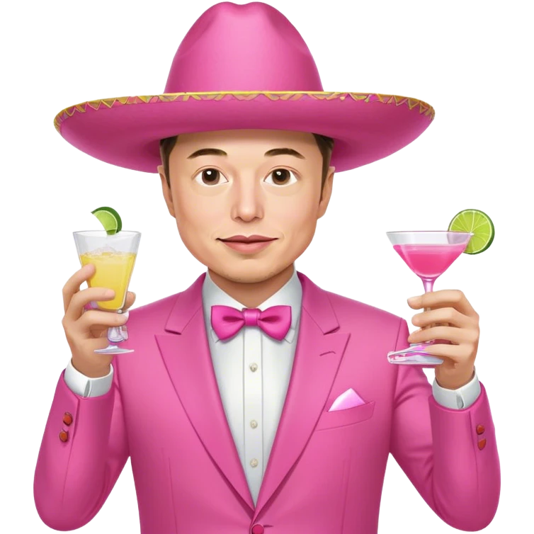 Elon Musk in pink sombrero, dressed in an all-pink suit, with one hand holding a tequila shot emoji