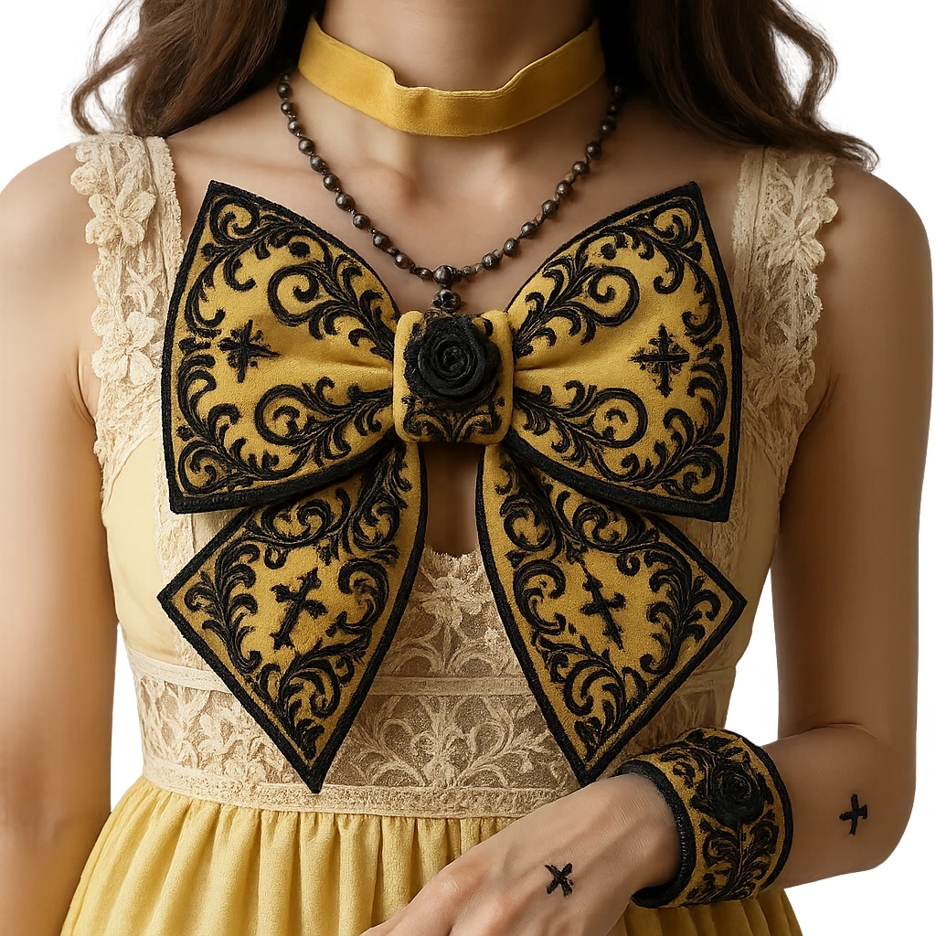 Add more gothic details such as ornate filigree, small black roses, and subtle cross motifs to the pastel yellow gothic bow and matching bracelet. Keep lace and velvet details. Photorealistic style. Keep background transparent if possible. emoji