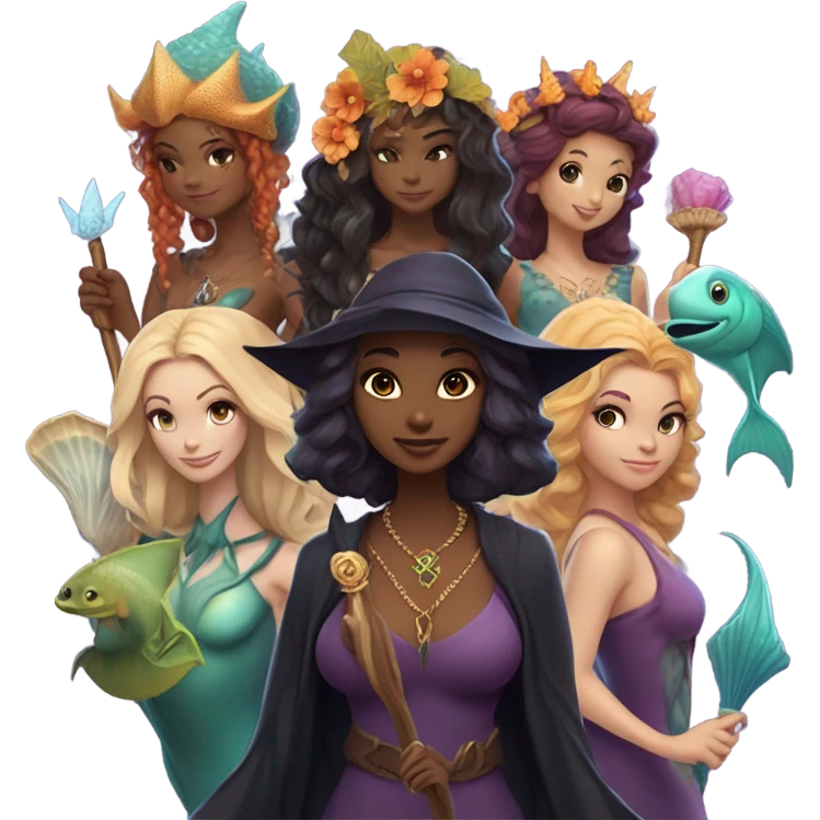A group of friends, consisting of a female witch, a female wizard, a merman, a female fairy, and a female siren emoji