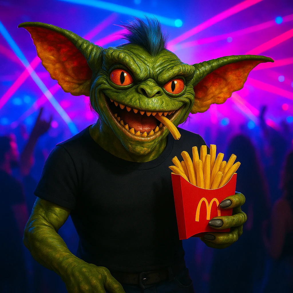 Change the gremlin's see-through top to black, keep the techno party and McDonald's fries theme. emoji