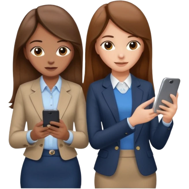 two brown haired girls, looking professional maybe leaned on each others back and looking forward and using phones, with long hair and one girl can hold lap top another one can hold the phone, professional clothes, more stylish emoji