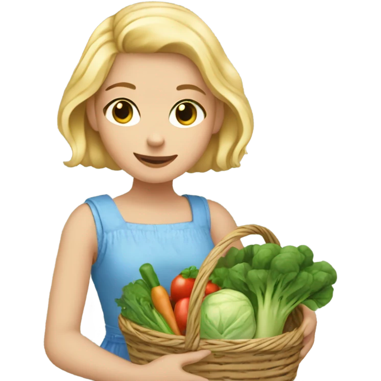 Girl with blonde hair and blue eyes wearing a sleeveless sundress and carrying two baskets of vegetables and greens emoji