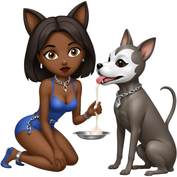 Dark Women licking her tongue from sliver milk bowl with only leash on neck, on on all fours, her head is bent down to sliver dog bowl she wears only a dog BDSM mask  emoji