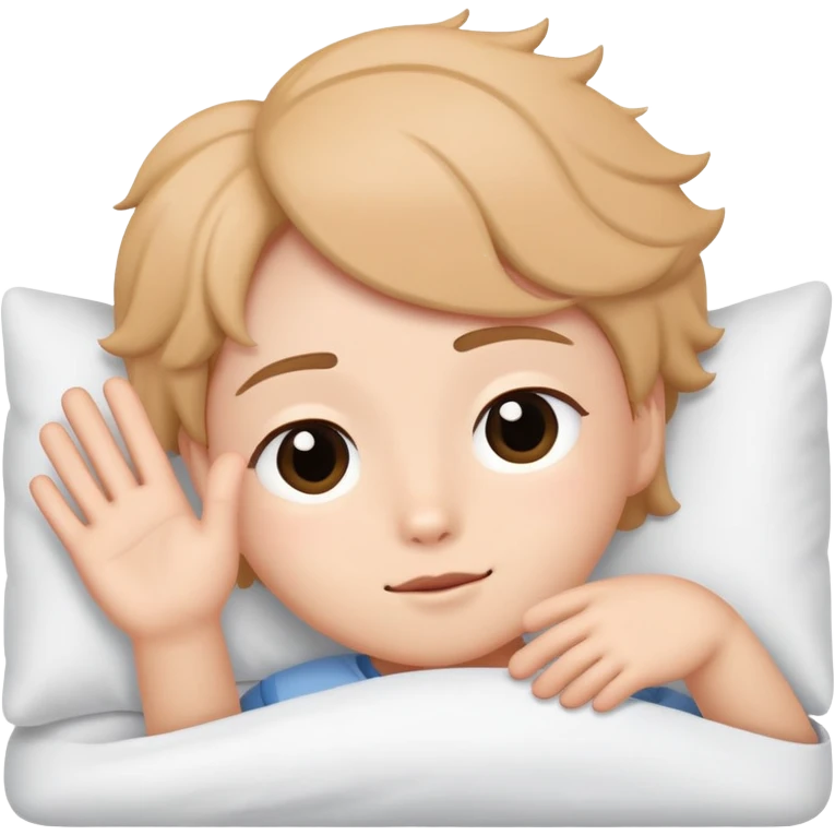 A cute character named Boksil waving gently while lying down in bed with eyes closing, looking sleepy emoji
