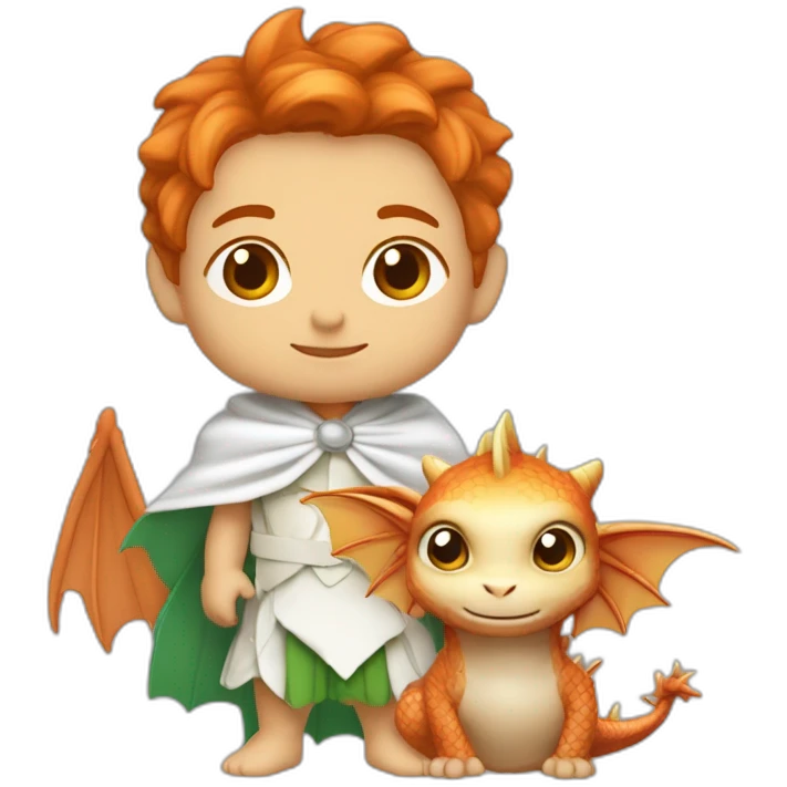 fée rousse avec une cape verte portant un bébé dragon blanc emoji