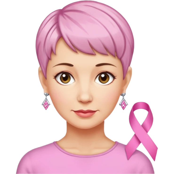 Mature Woman with pixiecut wearing earrings of pink ribbons emoji