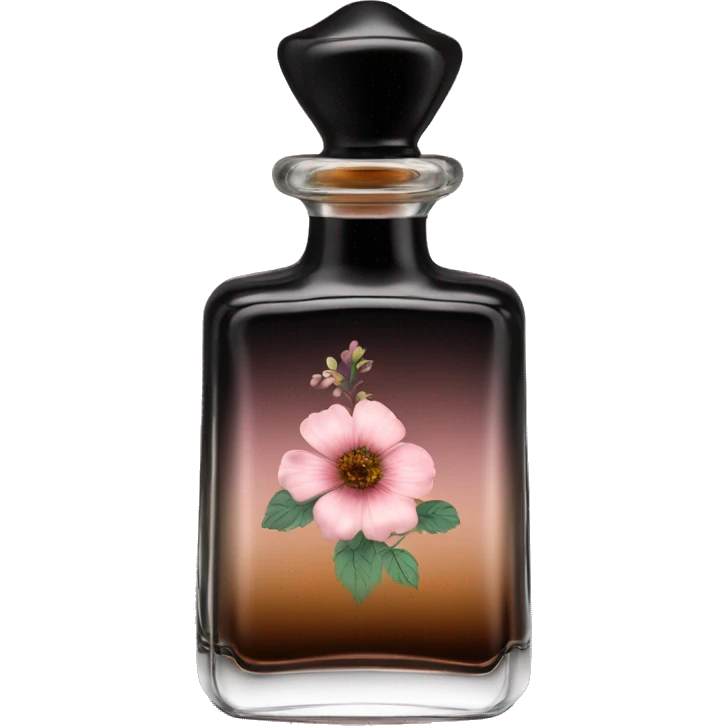 English vintage glass perfume bottle from my aristocratic grandmother, exquisite bottle shape, old and shabby, with label, stylish and minimalistic, black and brown with pink gradient, with little herbal and flowers  emoji