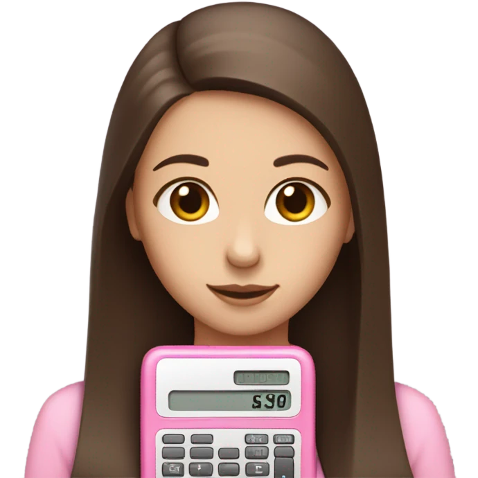 Girl with straight brown hair holding one pink calculator in her hands emoji