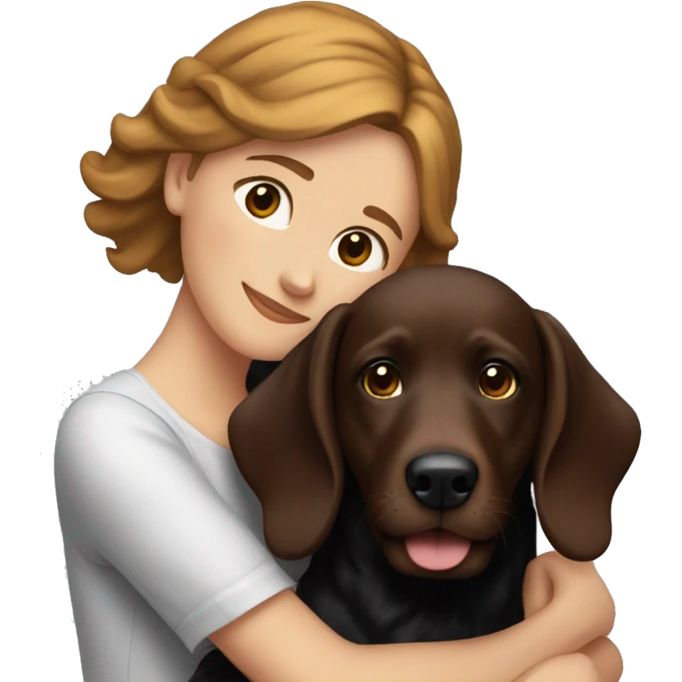 White girl with brown hair hugging a black wiener dog and a red golden retriever emoji