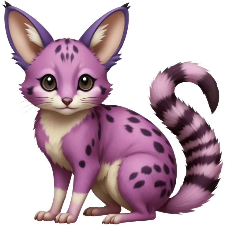 Magenta, purple-pointed, soft realistic romantic vintage antique divine beautiful elegant pretty precious cute young youthful  Fakémon-Pokémon-opossum-feline-mouse-serval-caracal-chinchilla-Minccino-Cinccino-Meowstic-rodent-hybrid-creature with a big fluffy bushy tail (full body) emoji